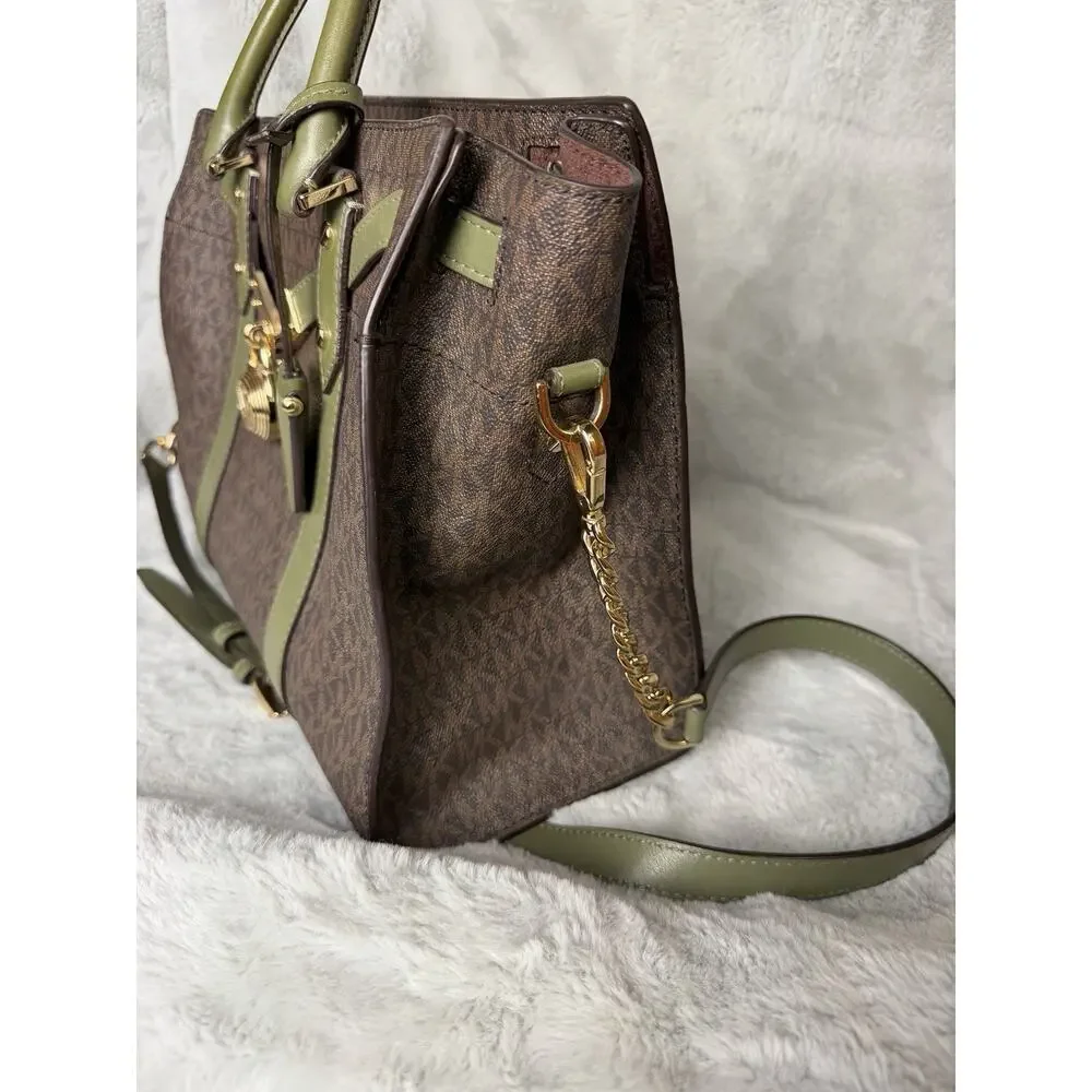 Michael Kors Nouveau Hamilton Large Satchel Bag Brown MK Logo Olive Green Trim